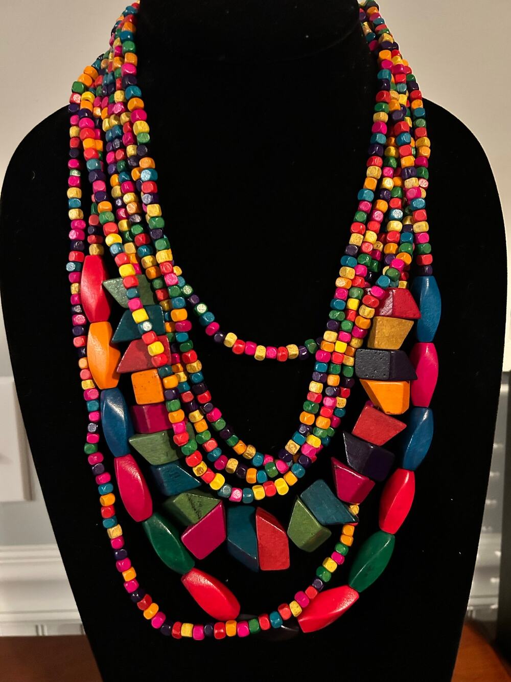 Boho Chunky Multi Color Wooden Bead Statement Necklace Geometric Layered 36"
